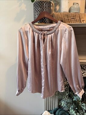 Jennifer Lopez Blush Satin Jeweled Tie-Neck Blouse